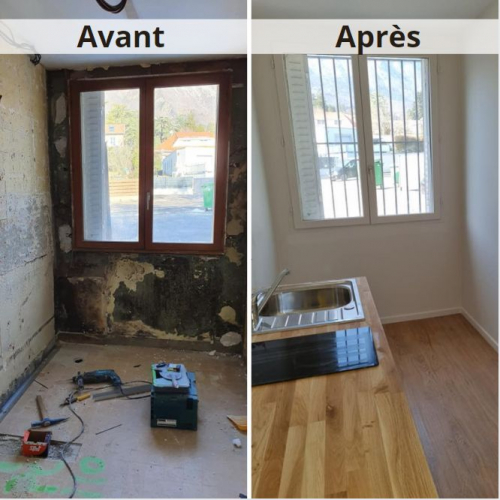 AVANT ET APRÈS  TRAVAUX RÉNOVATION TERMINÉ PLACO. ENDUIT JOINT. PEINTURE. POSE PARQUET. POSE MEUBLES CUISINE ENTREPRISE E.U.P